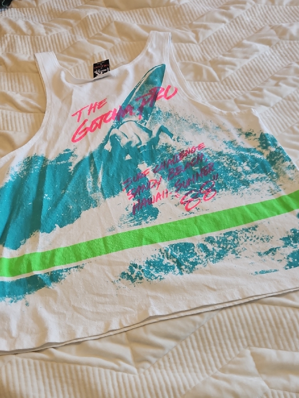 Vintage Gotcha White Tank Top with Teal Wave & Neon Green Stripe